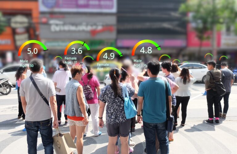 people standing outside with credit scores above their heads