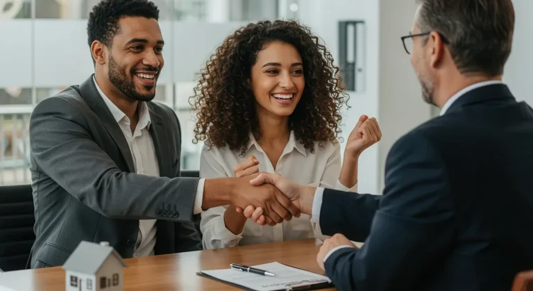 Mixed-race couple shaking hands with a man in suit and glasses