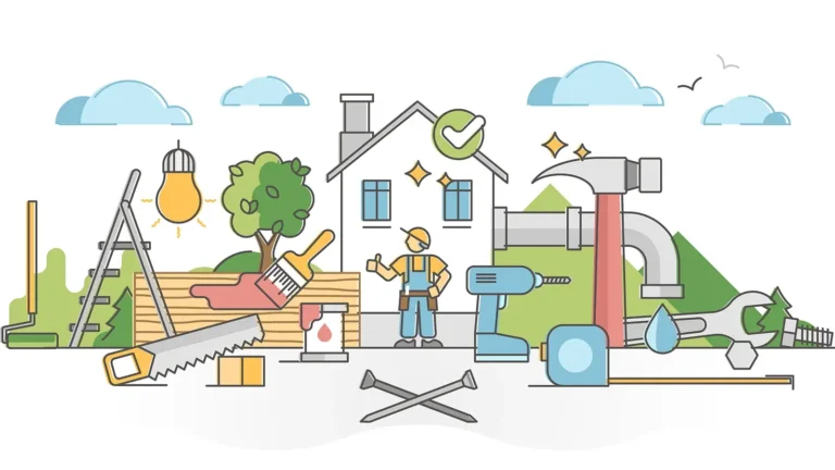 sketch of a handyman with various tools around him.