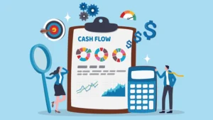 A digital rendering of a clipboard, calculator, dollar signs, and two people.