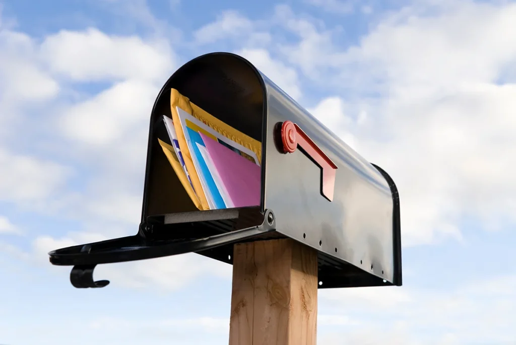 Black mailbox full of mail.