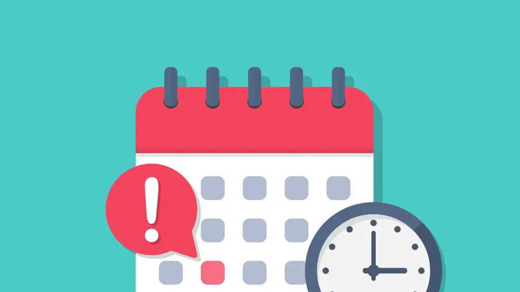 Graphic of a generic calendar with a clock, and one date highlighted with an exclamation point