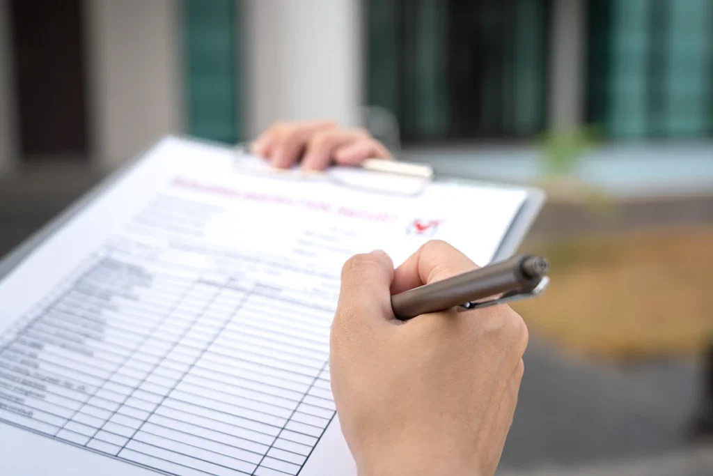 A person holding a clipboard with a checklist and a pen.