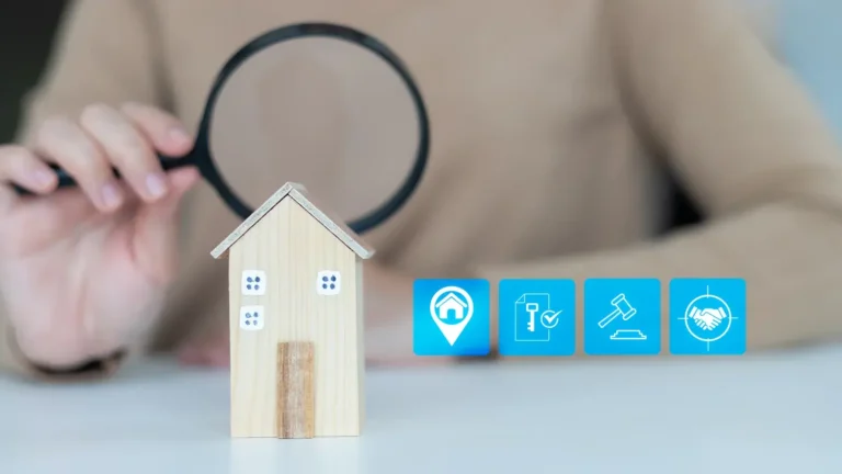 A wooden home being examined with a magnifying glass.
