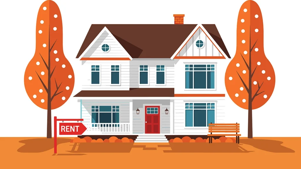 Illustration of a home with a "Rent" sign out front.