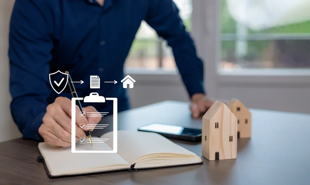 person working over a notebook with a cellphone and two wooden block houses on the table.