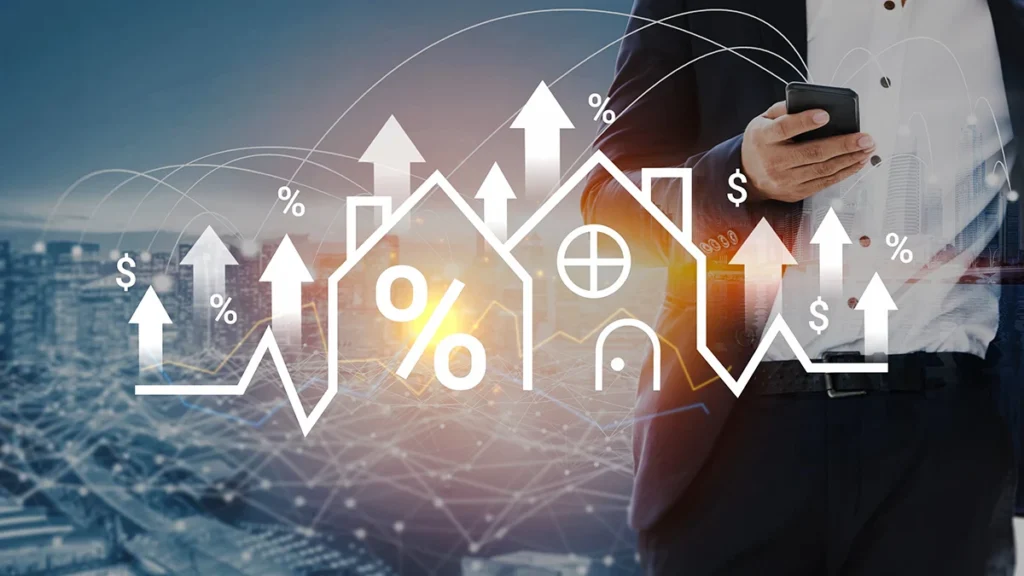 An outline of two houses with upward trending arrows and dollar signs.