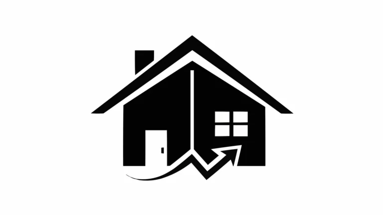 A black and white image depicting a residential home with a upward trending arrow.