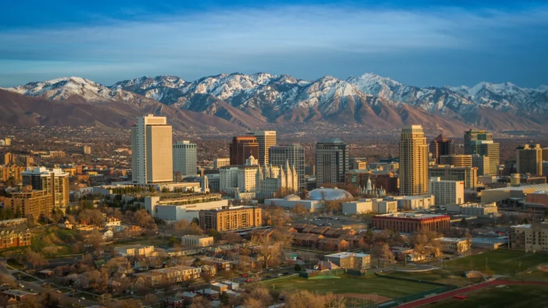 Salt Lake City skyline with snowy mountains
