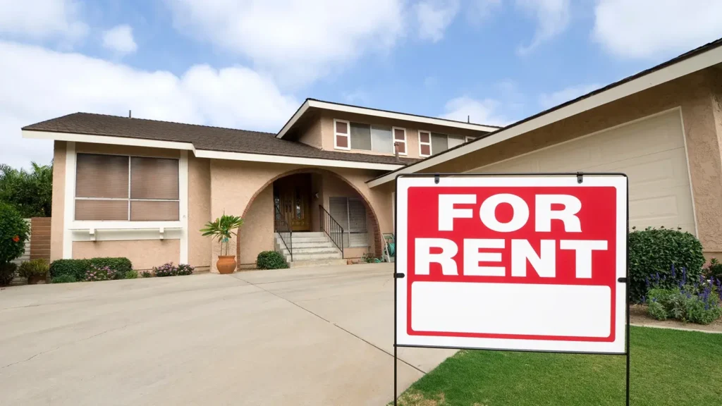 Tan single-family home pictured with a "For Rent" sign in front of the driveway.