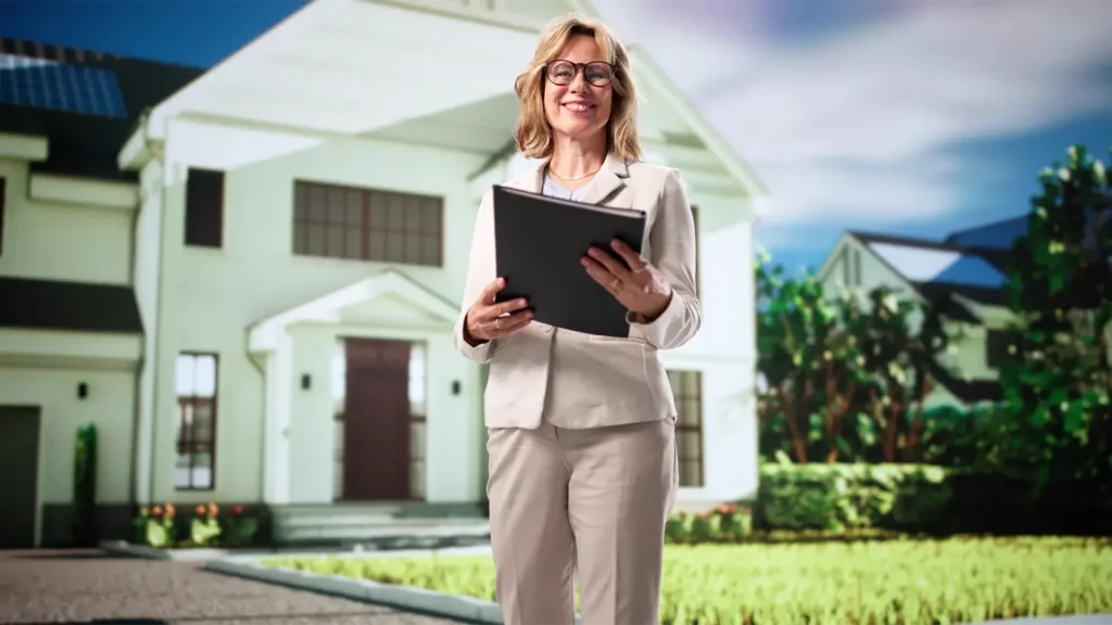 Female property manager standing outside a white home, holding a portfolio.