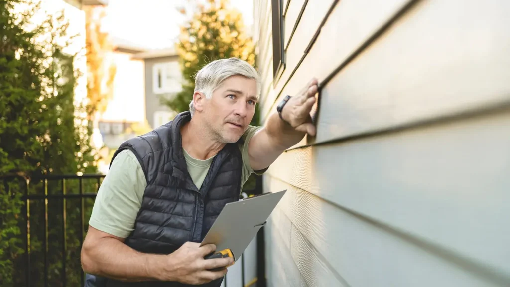 Man with a clipboard and tape measure inspecting exterior siding on a home.