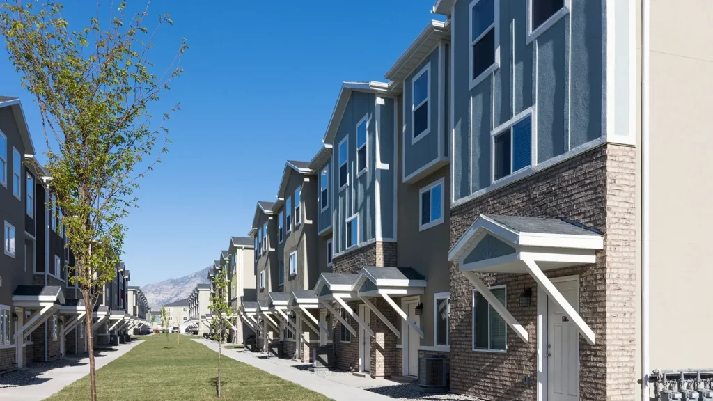 Row of homes in a neighborhood.