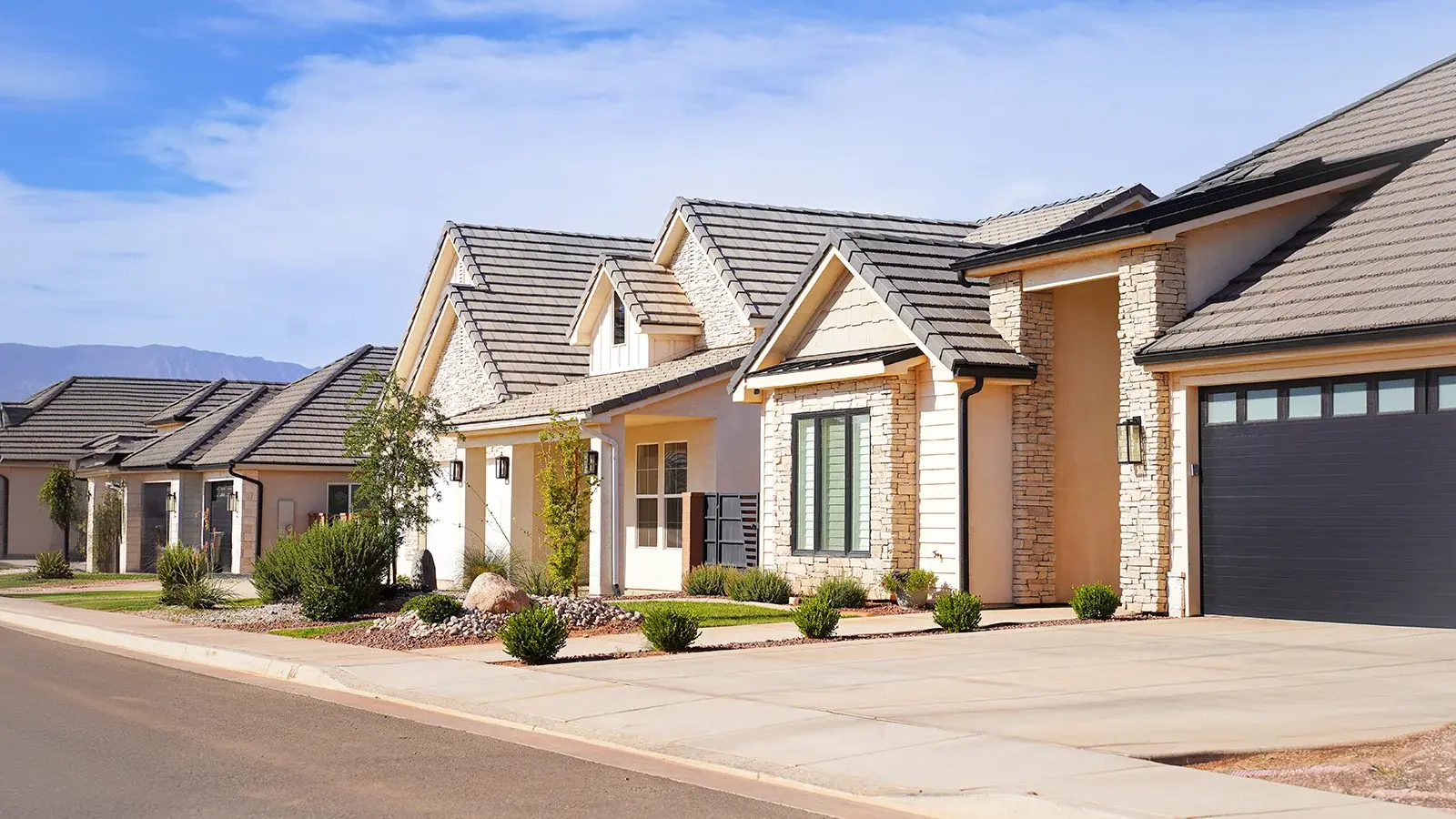 Homes with driveways and small bushes lining a street.