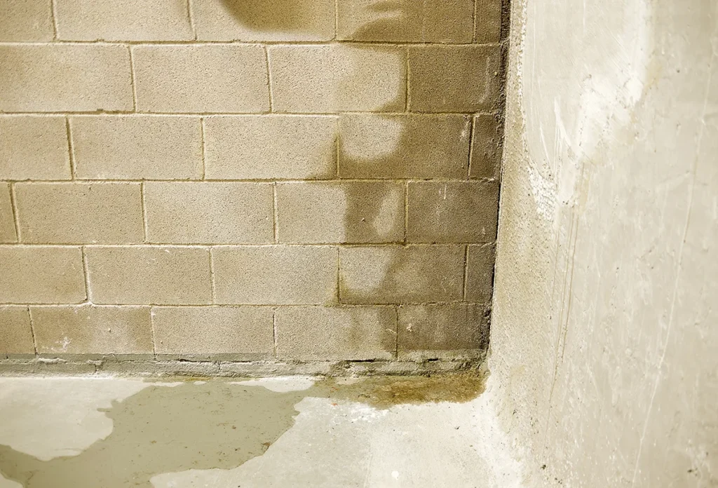 corner of a basement made of cinder blocks with evidence that water is leaking through the walls onto the floor