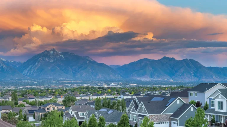 Utah landlord laws protect properties like these pictured here in a Utah neighborhood against the mountains and sunset